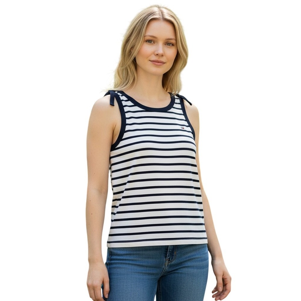 Tommy Hilfiger Womens Striped Regenerative Cotton Tank Top Navy White WW49433 M